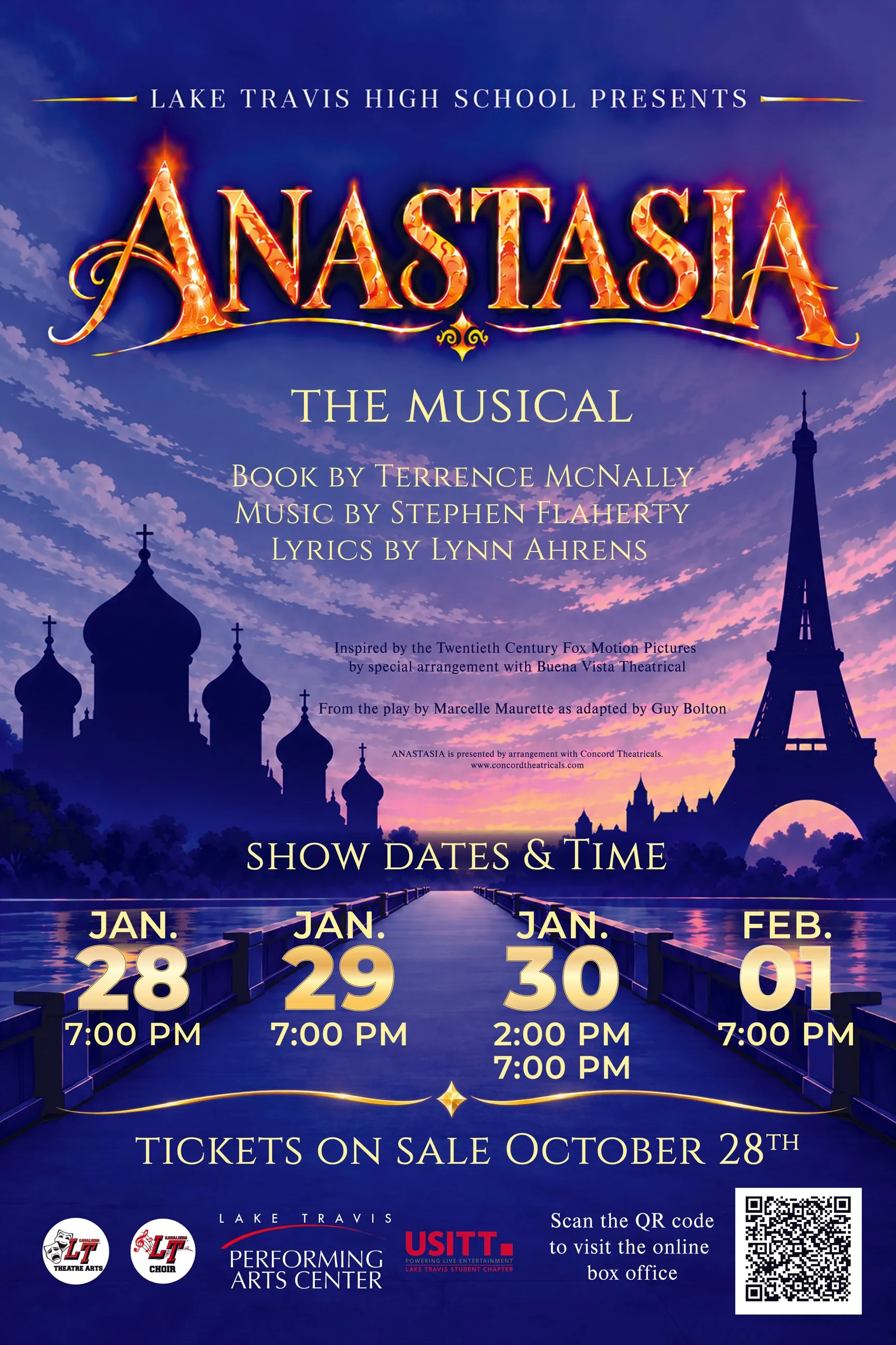Anastasia, The Musical, production poster showing onion-domed towers and the Eiffel Tower at dusk. Lake Travis High School presents. Book by Terrence McNally, music by Stephen Flaherty, lyrics by Lynn Ahrens. It lists the performance dates and times shown on this page and says tickets go on sale October 28th, with a QR code for the online box office. Logos for Lake Travis Theatre Arts, Choir, the Lake Travis Performing Arts Center, and the USITT student chapter.