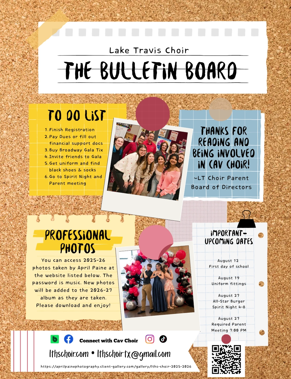 August 2026 newsletter, page 3: the bulletin board, registration reminders, professional photos, and upcoming dates. Full text is available above.